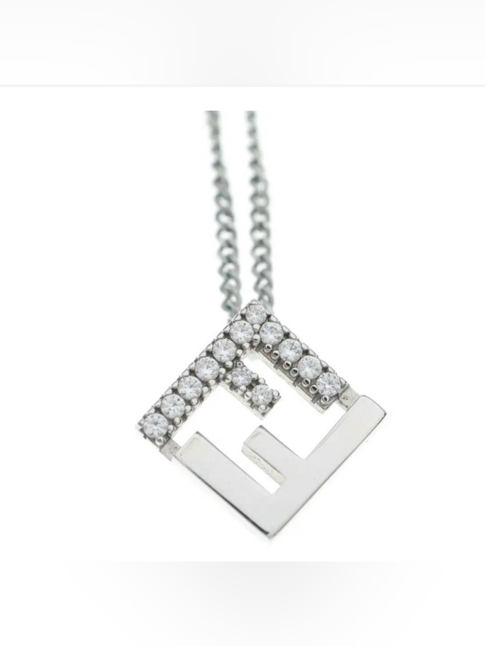 Fendi FF logo Crystal Pendant Chain Necklace in Silver